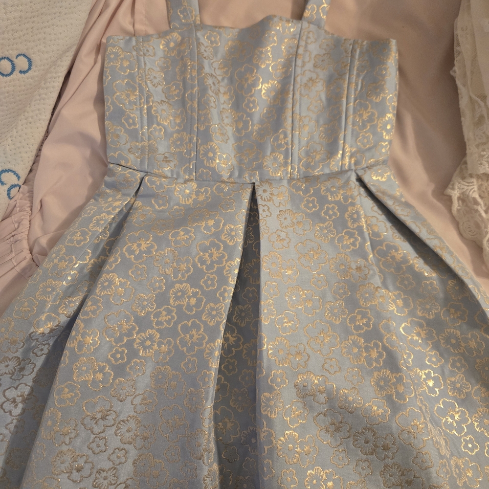 Elegant Blue and Gold Floral Kids Dress